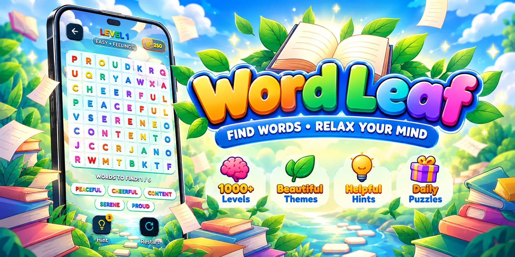 Word Leaf illustrated feature banner with word-search gameplay, books, leaves and daily puzzle highlights