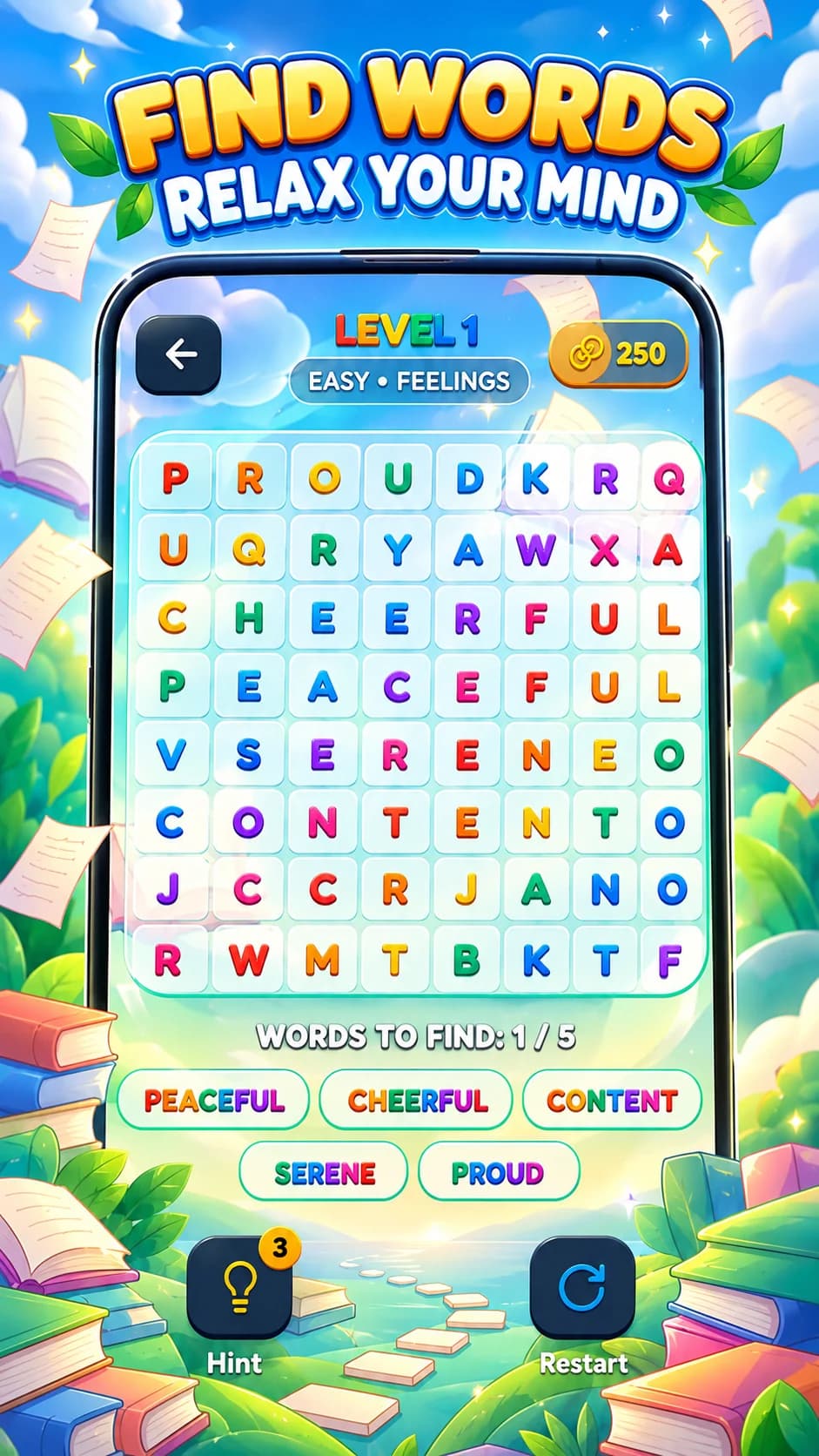 Word Leaf promotional artwork showing the colorful Level 1 word-search puzzle