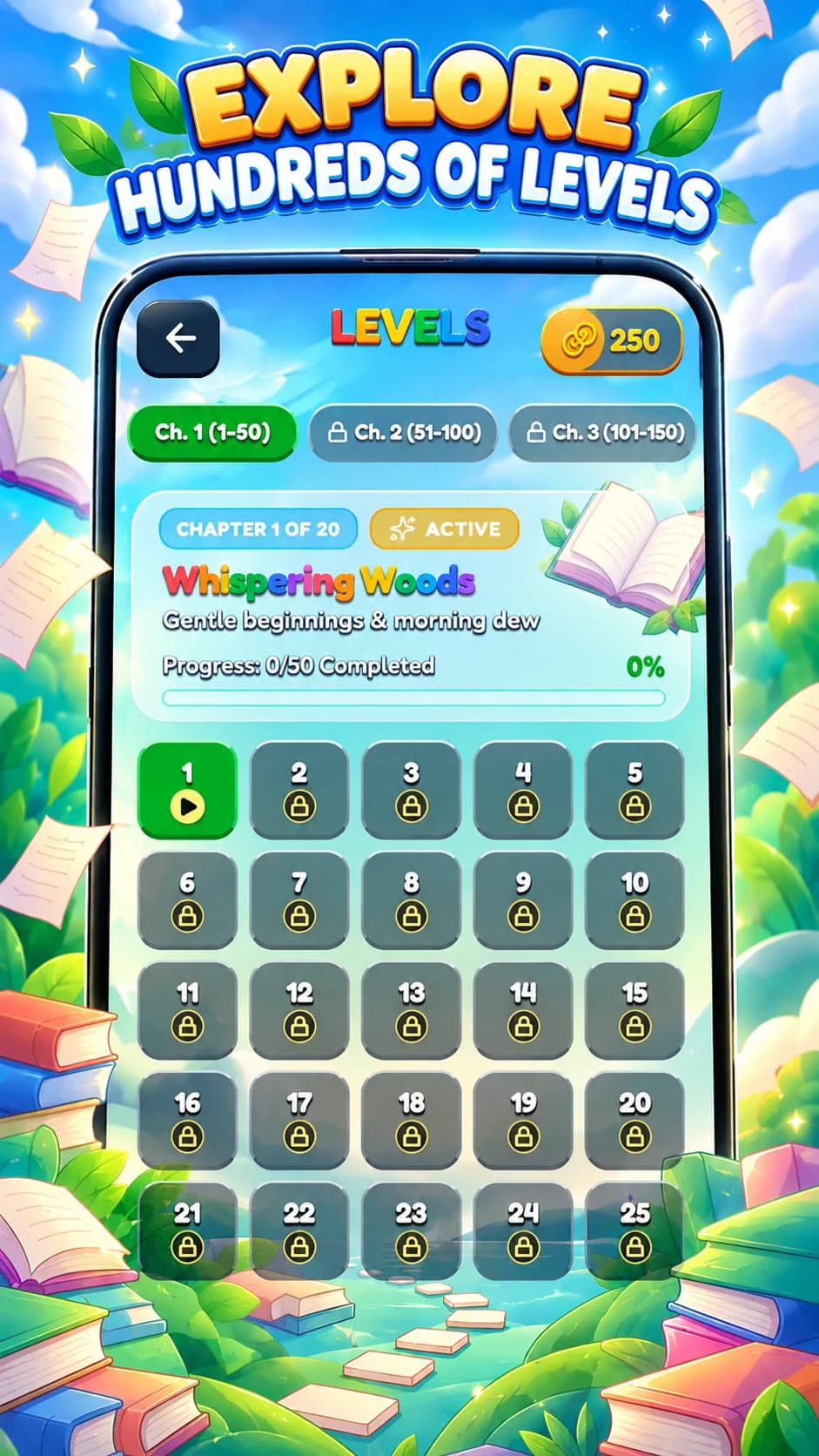 Promotional artwork showing chapter selection and locked levels