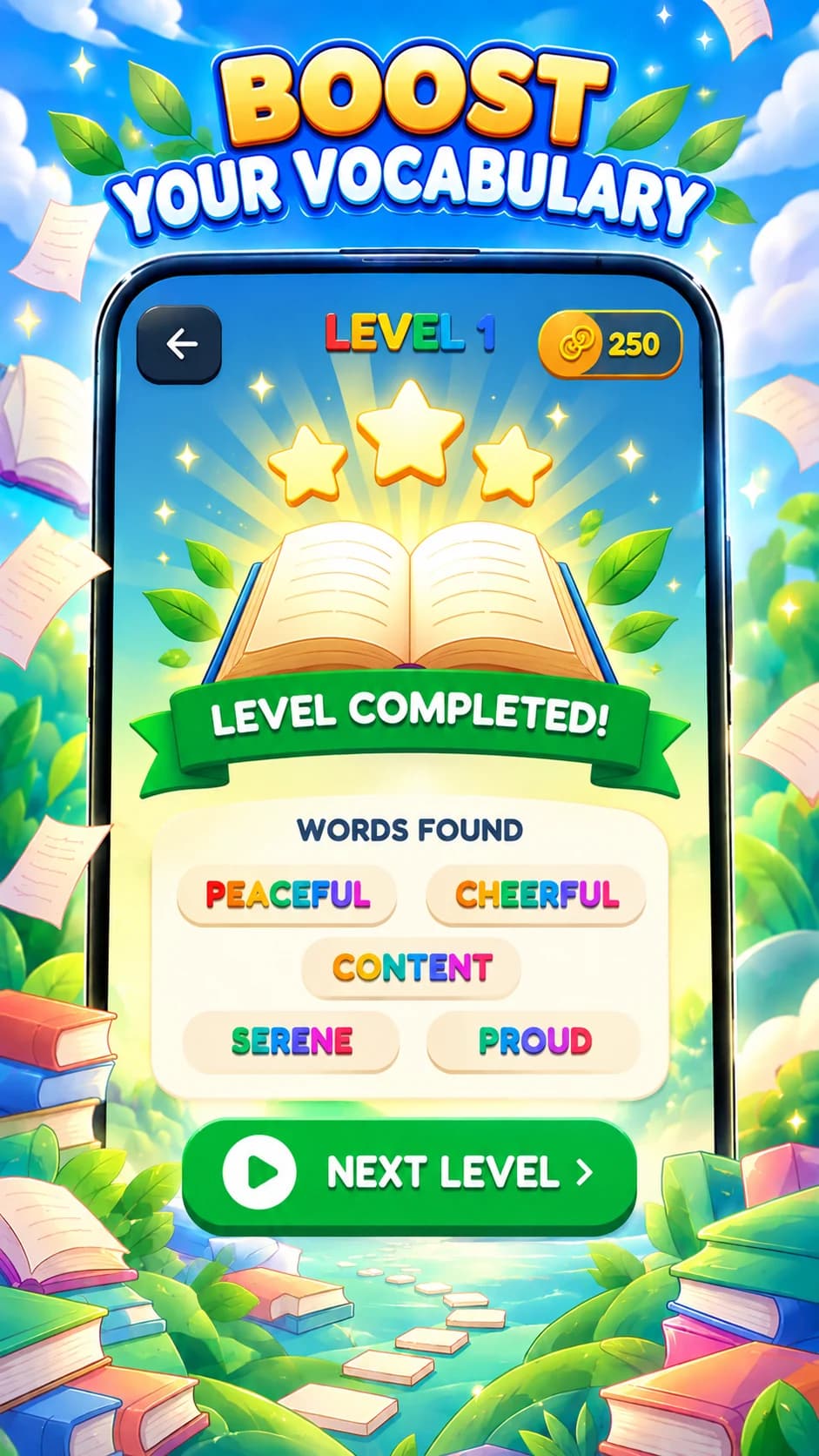Illustrative promotional concept of a completed Word Leaf level